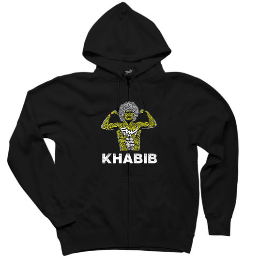 Khabib Graphic Siyah Fermuarlı Kapşonlu Sweatshirt