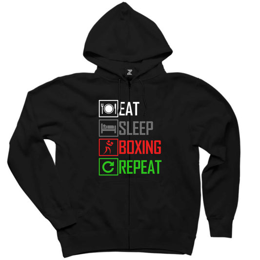 Boxing Repeat Siyah Fermuarlı Kapşonlu Sweatshirt