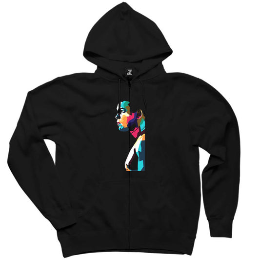 Muhammed Ali Portre Siyah Fermuarlı Kapşonlu Sweatshirt