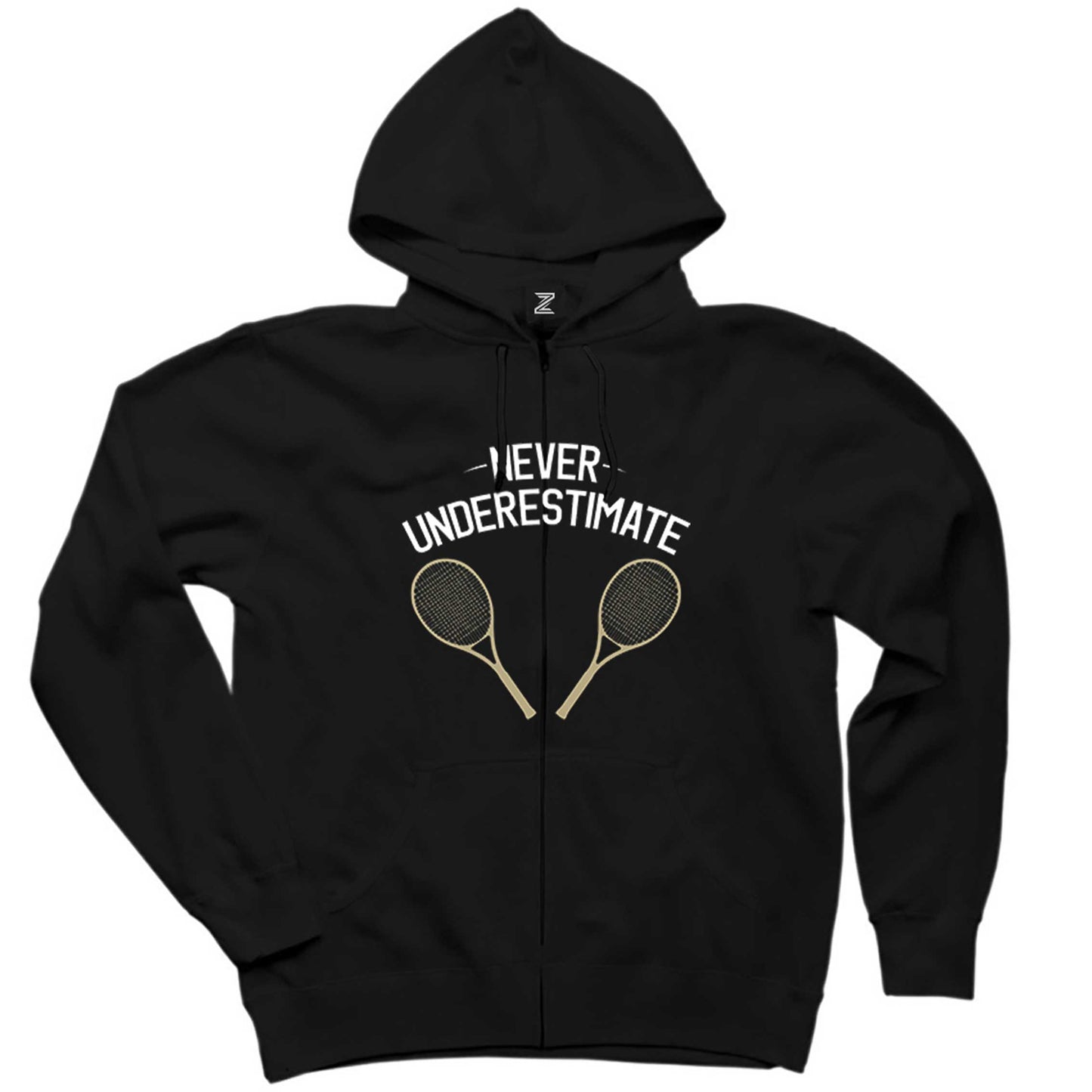 Tennis Never Underestimate Siyah Fermuarlı Kapşonlu Sweatshirt