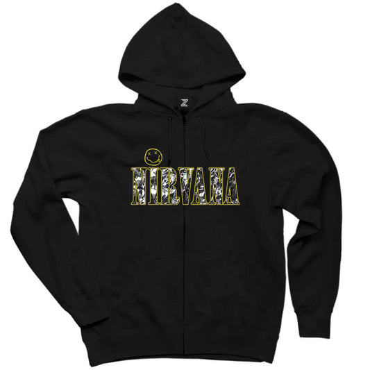 Nirvana Logo ve Yazı Siyah Fermuarlı Kapşonlu Sweatshirt