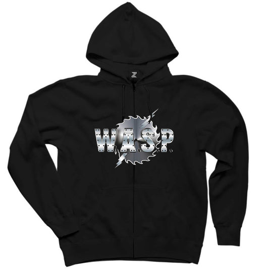 WASP Logo Siyah Fermuarlı Kapşonlu Sweatshirt