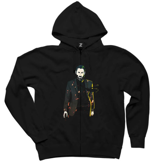 John Wick Graphic Design Siyah Fermuarlı Kapşonlu Sweatshirt