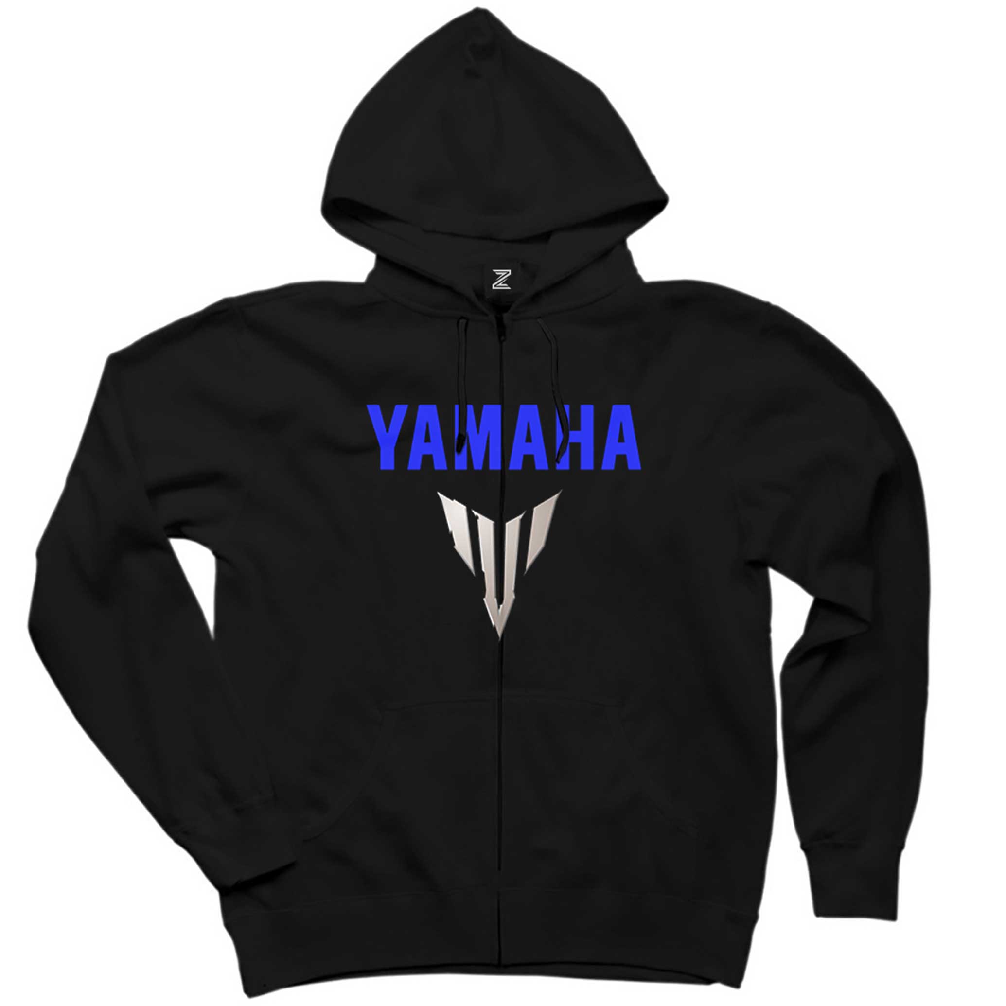 T M  Yamaha MT07 Logo Blue Siyah Fermuarlı Kapşonlu Sweatshirt