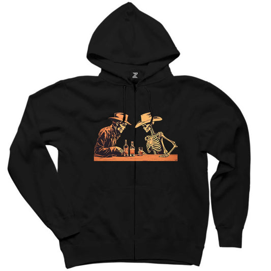 Skelton Cowboy Bar Siyah Fermuarlı Kapşonlu Sweatshirt