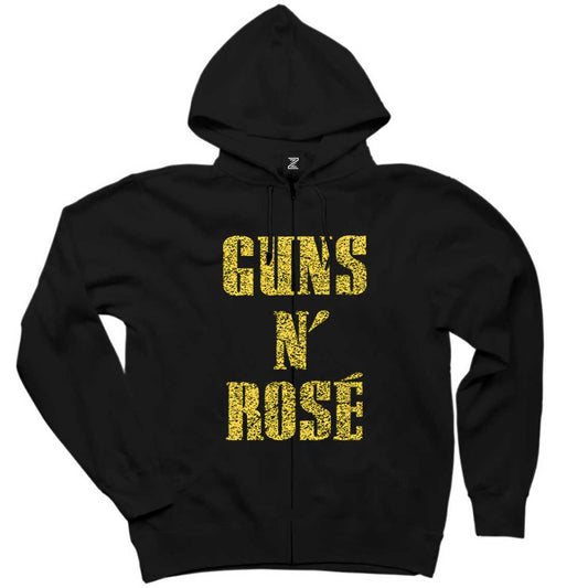 Guns N Rose Text Yellow Siyah Fermuarlı Kapşonlu Sweatshirt