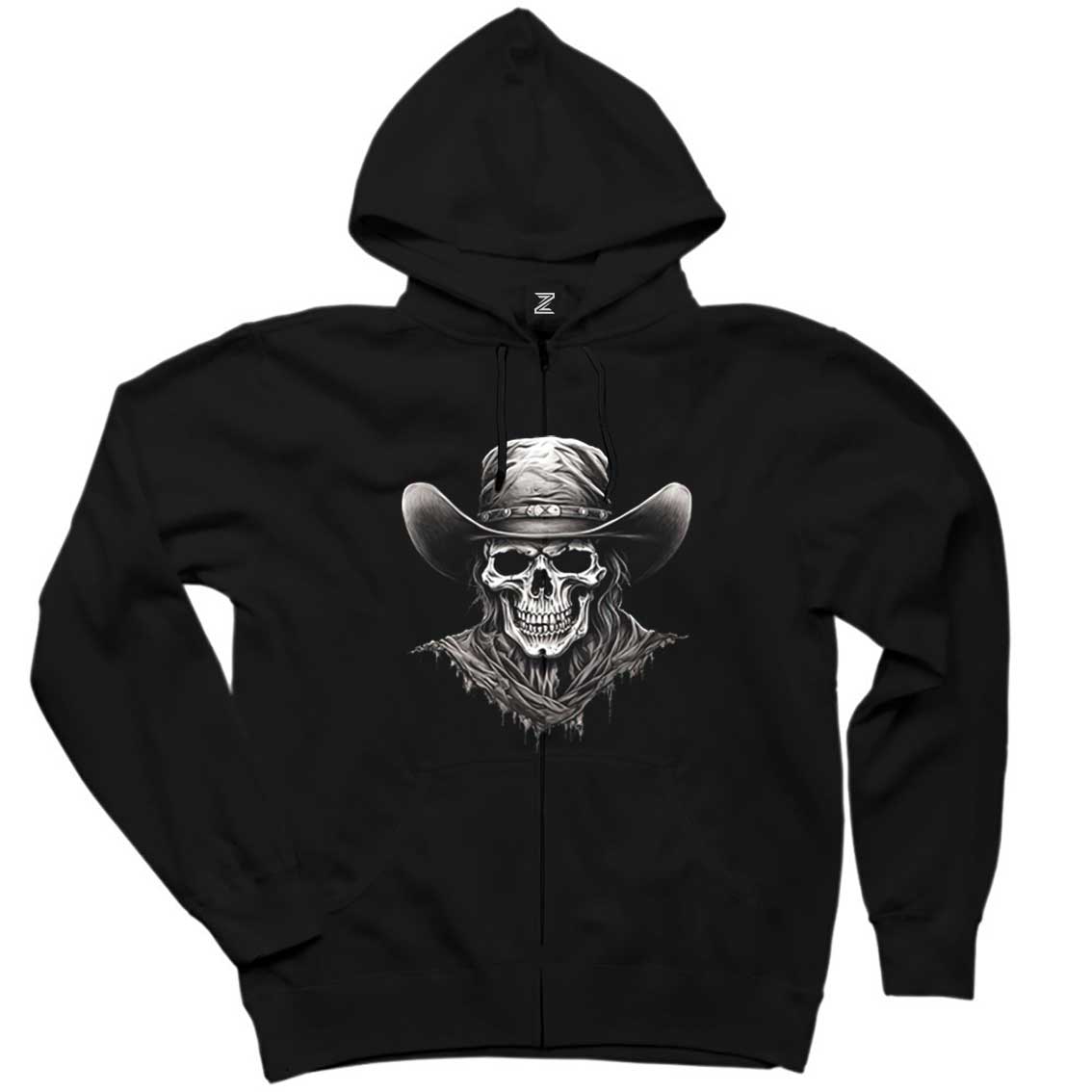 Kovboy Skull Siyah Fermuarlı Kapşonlu Sweatshirt
