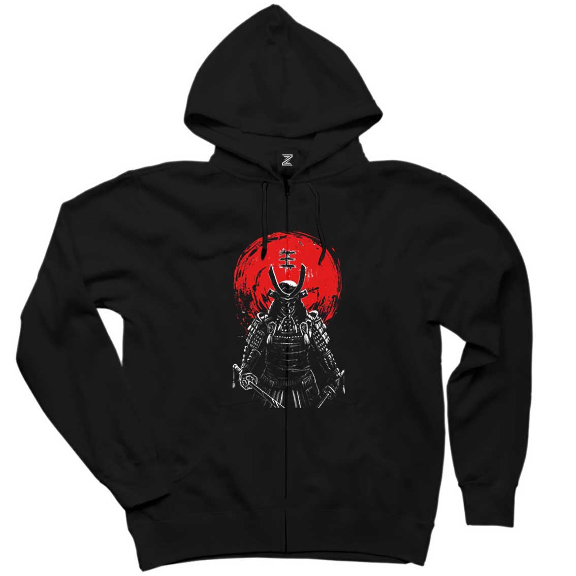 Samurai Red Warrior Siyah Fermuarlı Kapşonlu Sweatshirt