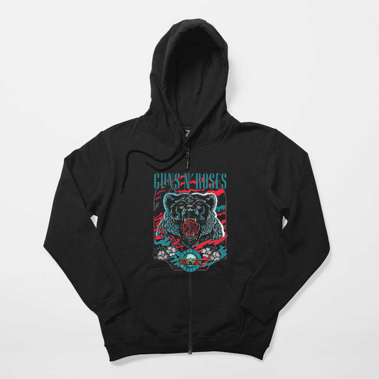 Guns N Roses Bear Siyah Fermuarlı Kapşonlu Sweatshirt