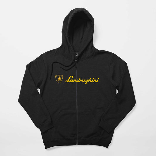 Lamborghini Gold Logo Text Siyah Fermuarlı Kapşonlu Sweatshirt