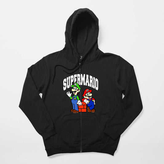 Süper Mario Siyah Fermuarlı Kapşonlu Sweatshirt