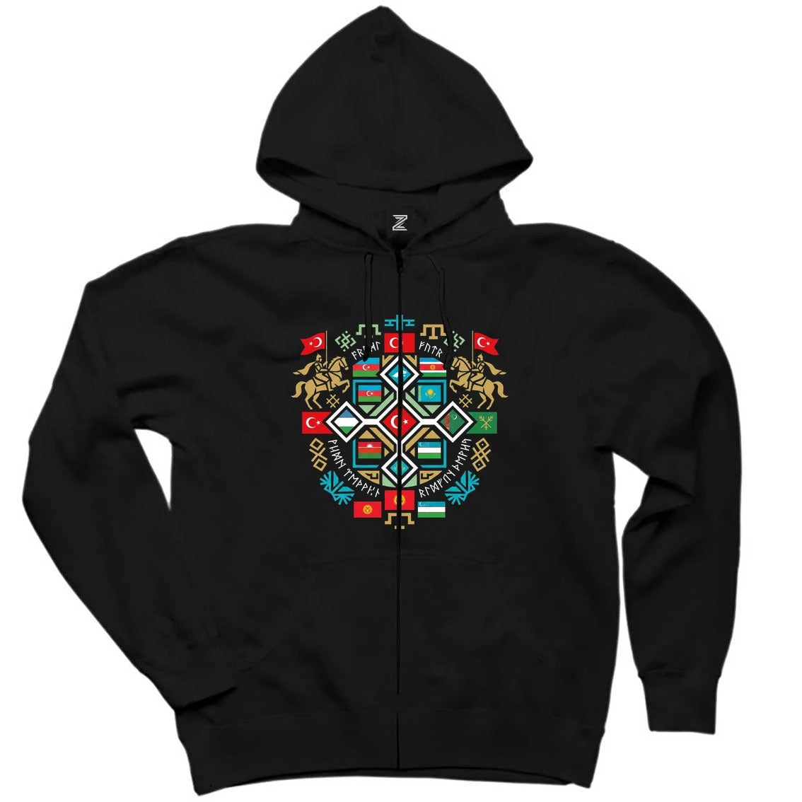 Renkli Mozaik Mandala Türk Motifli Bozkurt Baskılı Siyah Fermuarlı Kapşonlu Sweatshirt