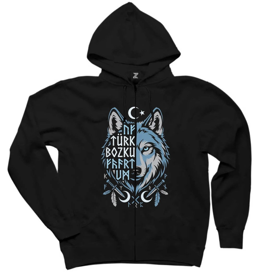 Mavi Ay Yıldızlı Türk Bozkurt Yazılı Baskılı Siyah Fermuarlı Kapşonlu Sweatshirt