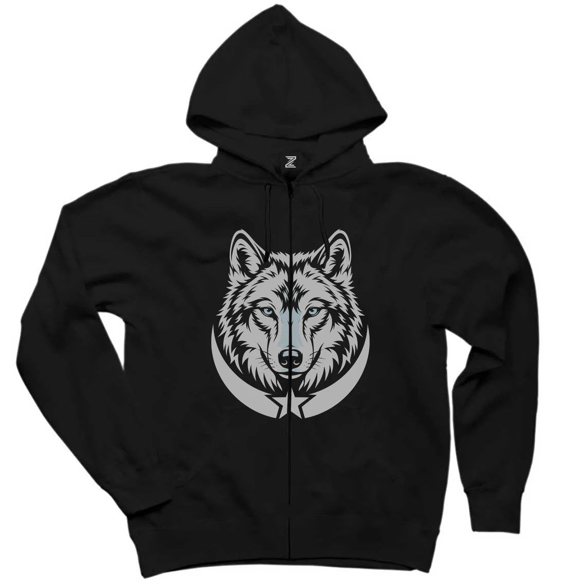 Gri Gerçekçi Kurt Başı ve Hilal Baskılı Siyah Fermuarlı Kapşonlu Sweatshirt