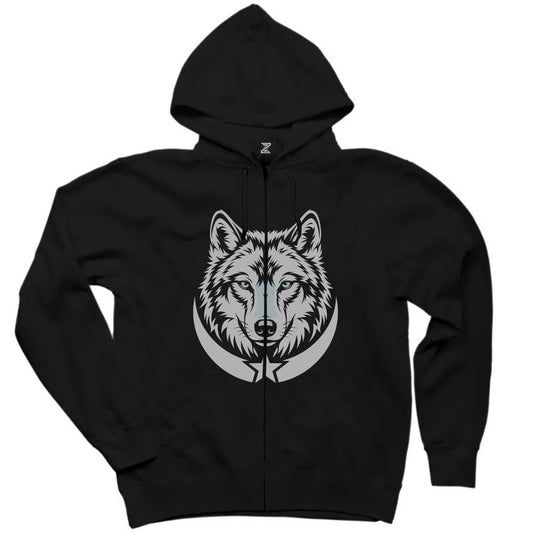 Gri Gerçekçi Kurt Başı ve Hilal Baskılı Siyah Fermuarlı Kapşonlu Sweatshirt