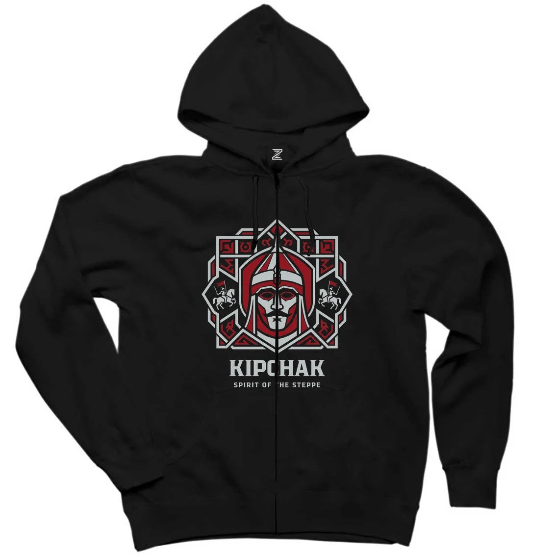 Kıpçak Savaşçı Miğferli Kırmızı Motifli Baskılı Siyah Fermuarlı Kapşonlu Sweatshirt