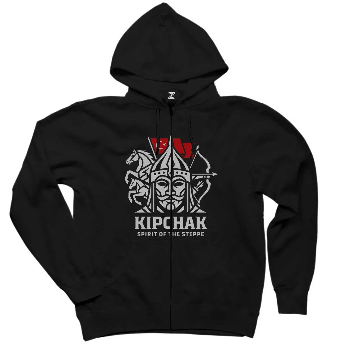 Kıpçak Atlı Okçu Türk Bayraklı Baskılı Siyah Fermuarlı Kapşonlu Sweatshirt