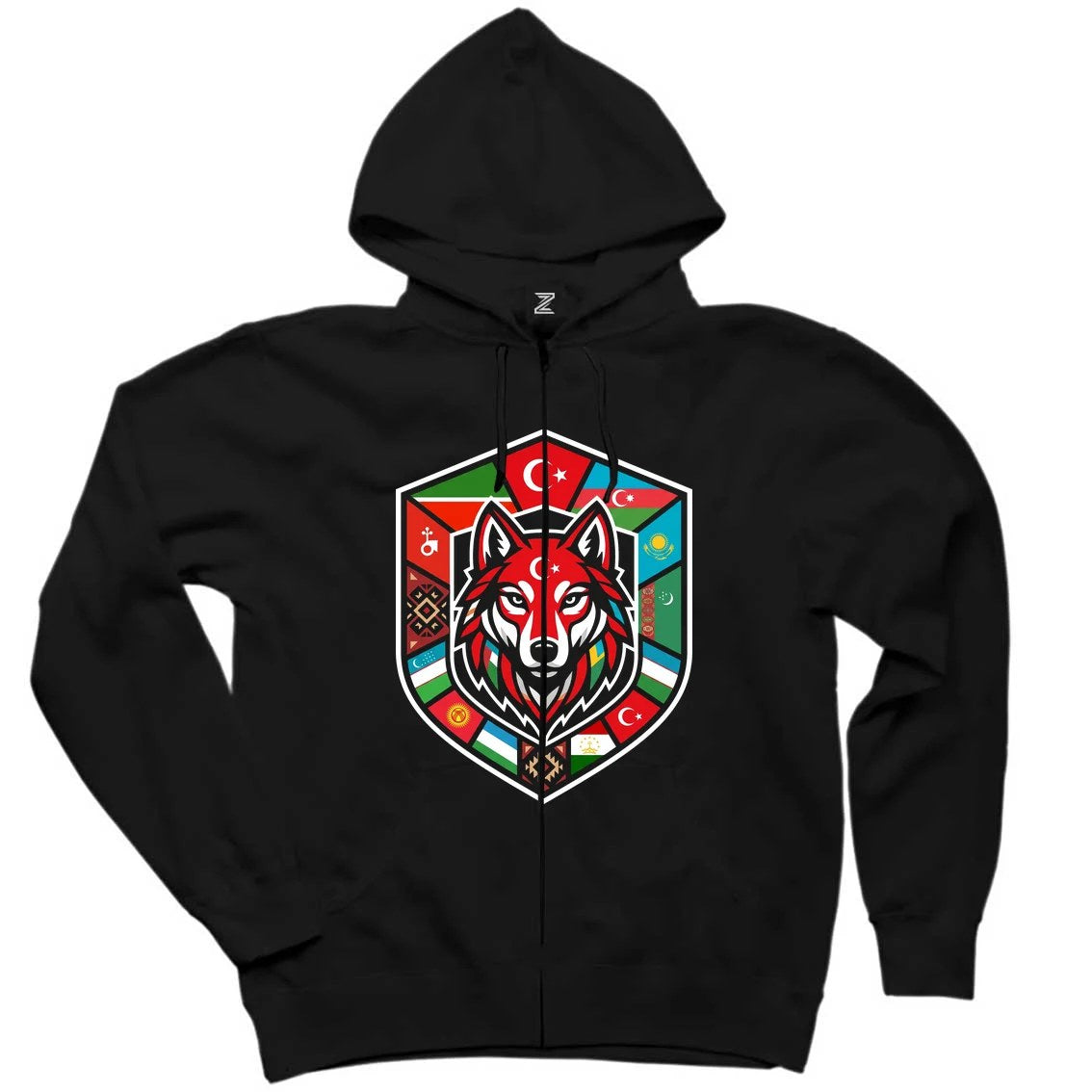 Türk Devletleri Bayraklı Kalkan Bozkurt Baskılı Siyah Fermuarlı Kapşonlu Sweatshirt