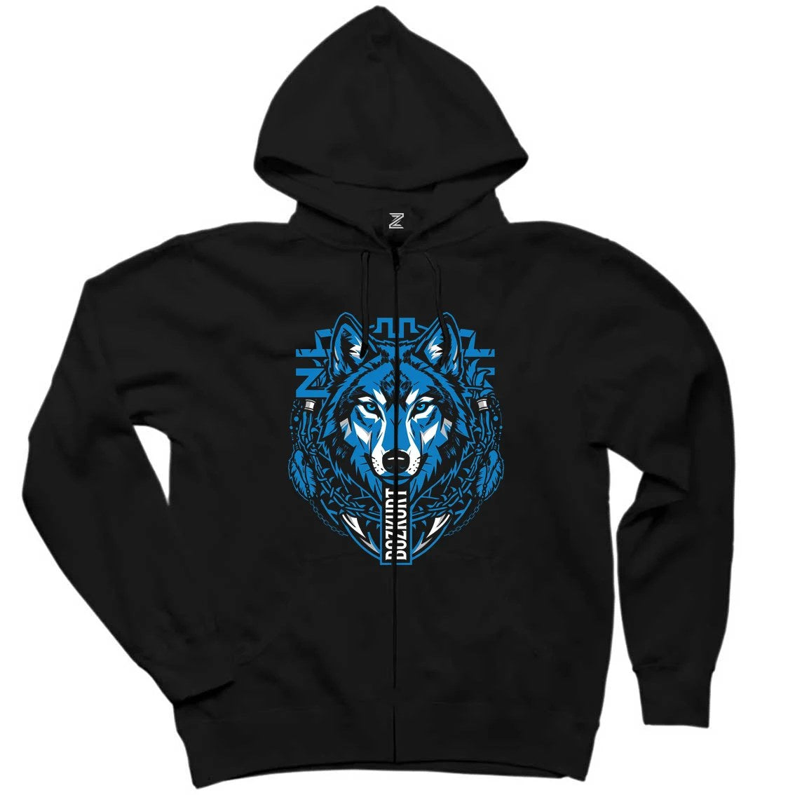 Mavi Soyut Çizgi Kurt Başı Baskılı Siyah Fermuarlı Kapşonlu Sweatshirt