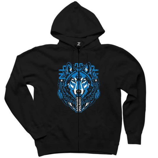Mavi Soyut Çizgi Kurt Başı Baskılı Siyah Fermuarlı Kapşonlu Sweatshirt
