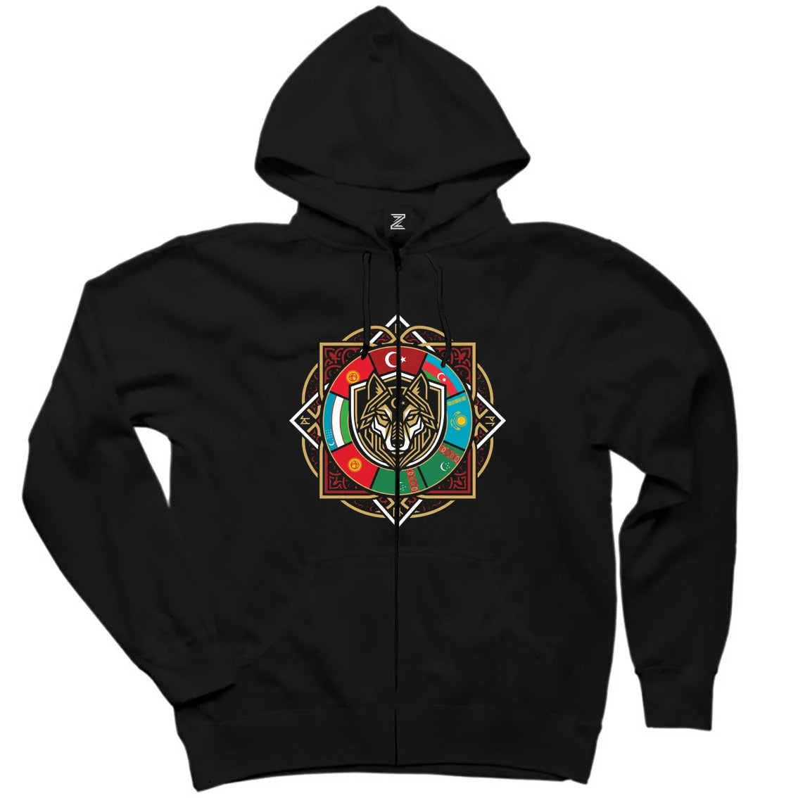 Sekizgen Mandala Bayraklı Bozkurt Baskılı Siyah Fermuarlı Kapşonlu Sweatshirt