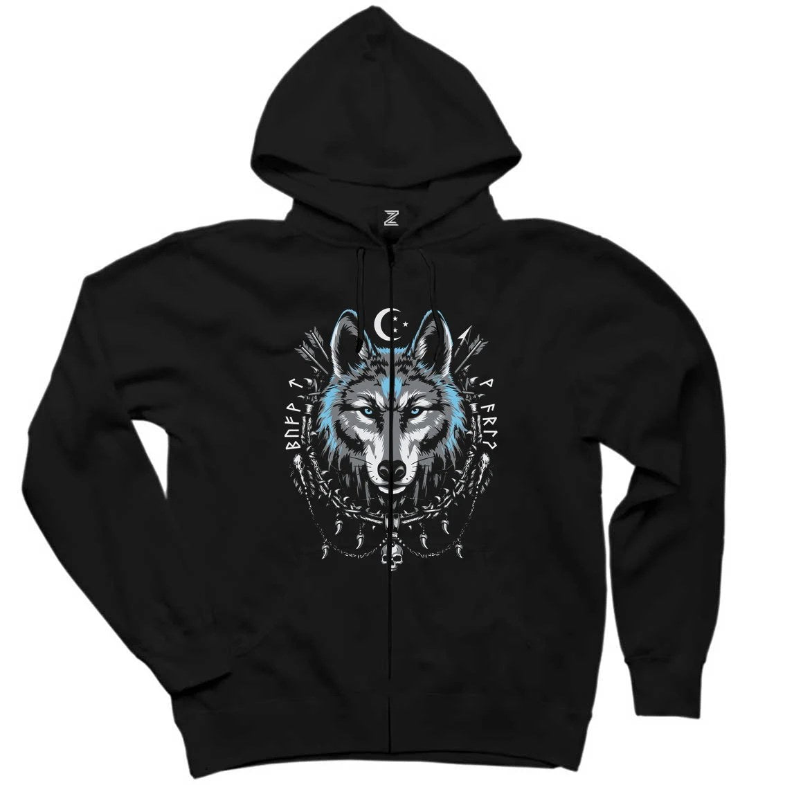 Mavi Mistik Hilal Süslemeli Bozkurt Baskılı Siyah Fermuarlı Kapşonlu Sweatshirt