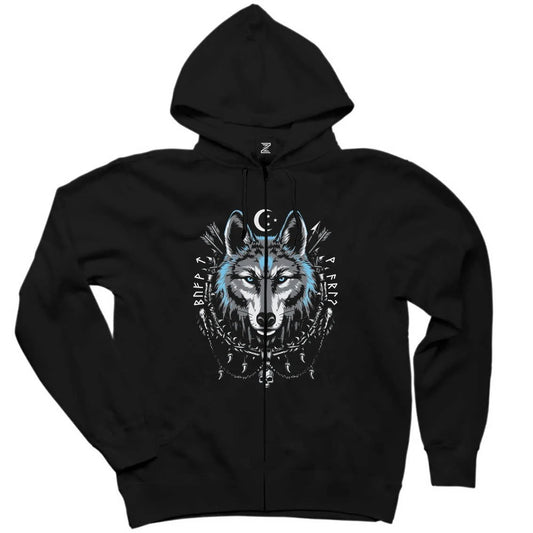 Mavi Mistik Hilal Süslemeli Bozkurt Baskılı Siyah Fermuarlı Kapşonlu Sweatshirt