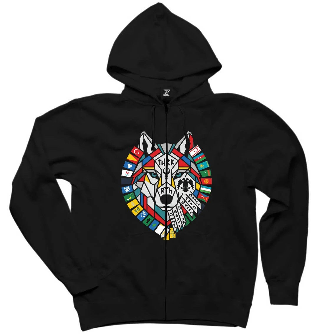 Bayrak Çelenkli Bozkurt Başı Baskılı Siyah Fermuarlı Kapşonlu Sweatshirt