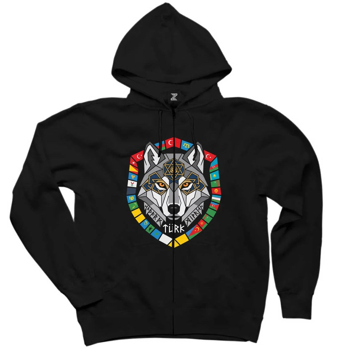Renkli Bayrak Çerçeveli Gri Kurt Başı Baskılı Siyah Fermuarlı Kapşonlu Sweatshirt