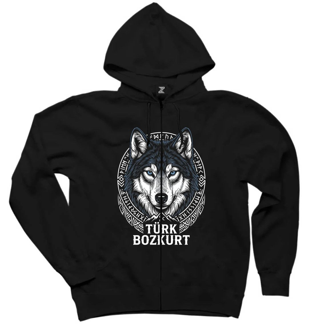 Türk Bozkurt Yazılı Detaylı Kurt Başı Baskılı Siyah Fermuarlı Kapşonlu Sweatshirt