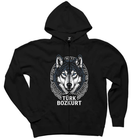 Türk Bozkurt Yazılı Detaylı Kurt Başı Baskılı Siyah Fermuarlı Kapşonlu Sweatshirt