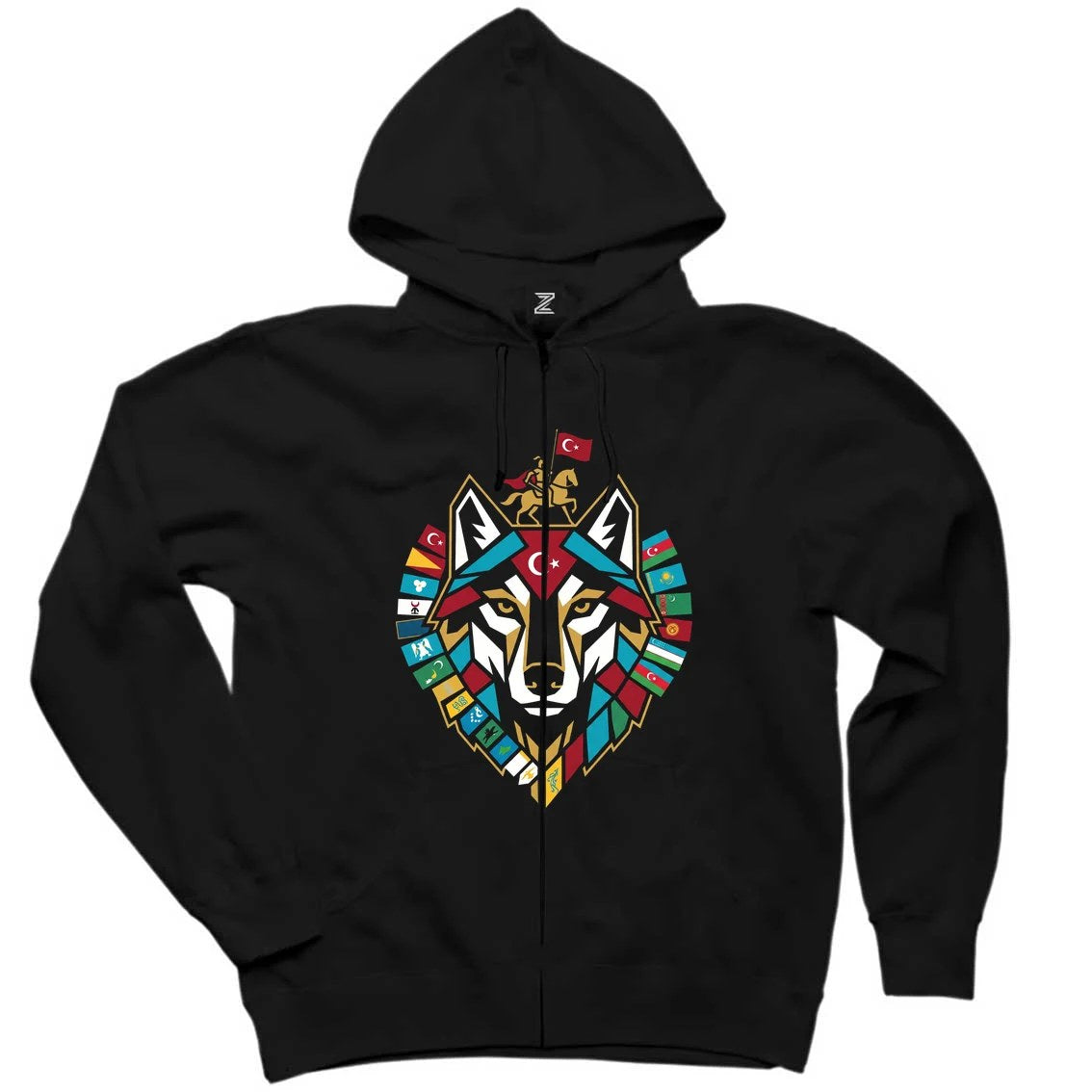 Totem Tarzı Renkli Bozkurt Amblemi Baskılı Siyah Fermuarlı Kapşonlu Sweatshirt