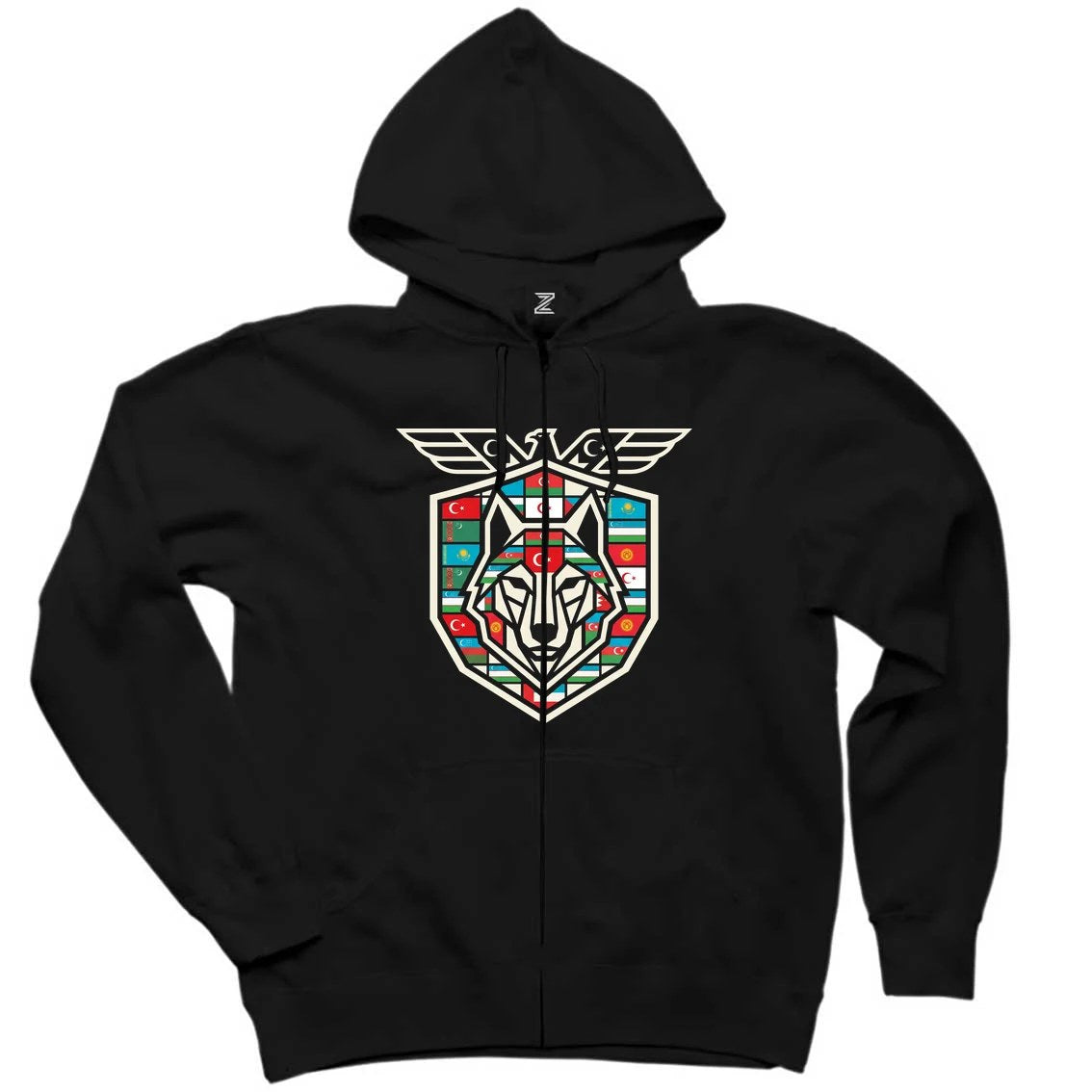 Kanatlı Arma Bayraklı Kalkan Bozkurt Baskılı Siyah Fermuarlı Kapşonlu Sweatshirt