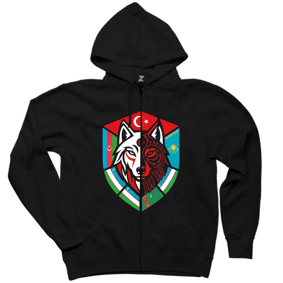 Kardeş Ülke Bayraklı Kalkan Bozkurt Baskılı Siyah Fermuarlı Kapşonlu Sweatshirt