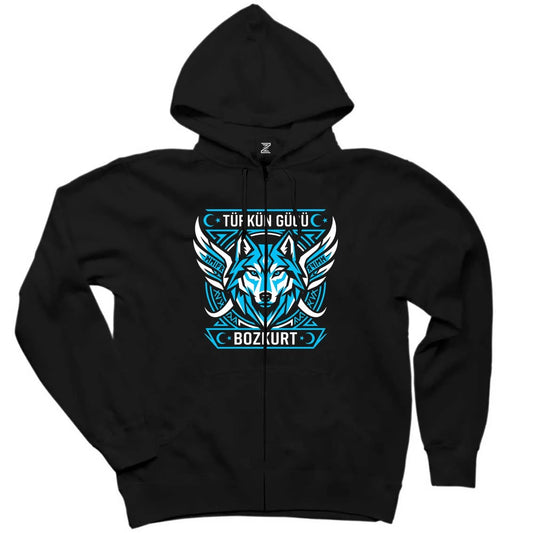 Kanatlı Mavi Bozkurt Turan Yazılı Baskılı Siyah Fermuarlı Kapşonlu Sweatshirt
