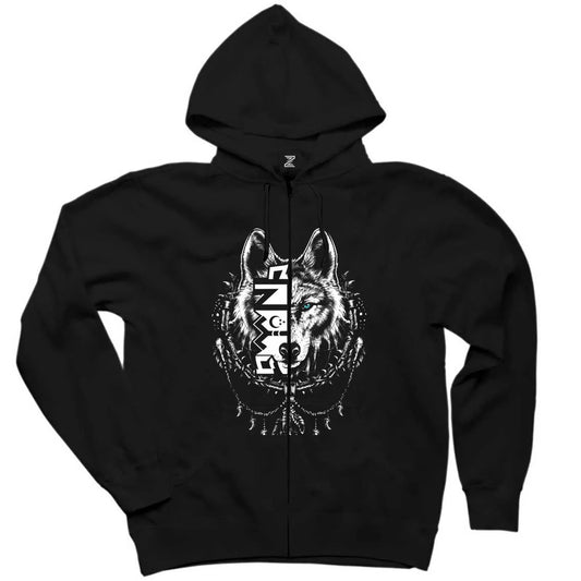 Beyaz Eskiz Tarzı Kurt Başı Baskılı Siyah Fermuarlı Kapşonlu Sweatshirt