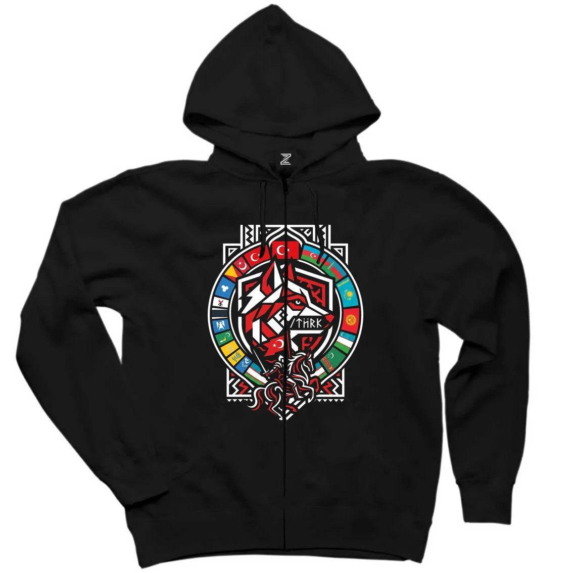 Kırmızı Bayraklı Kalkan Amblem Bozkurt Baskılı Siyah Fermuarlı Kapşonlu Sweatshirt
