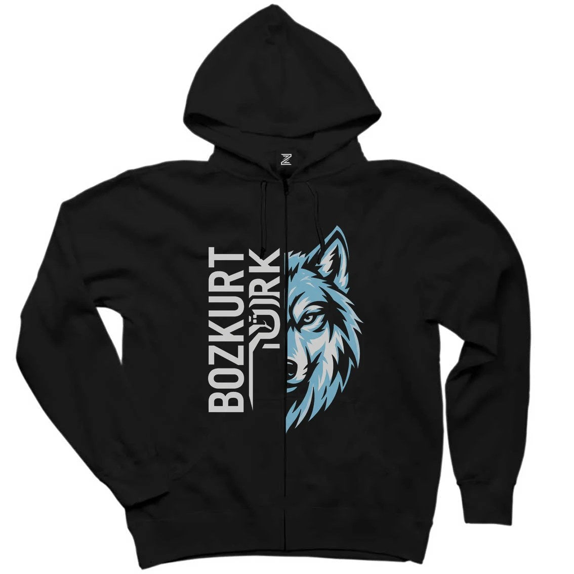 Dikey Bozkurt Türk Yazılı Mavi Kurt Profili Baskılı Siyah Fermuarlı Kapşonlu Sweatshirt
