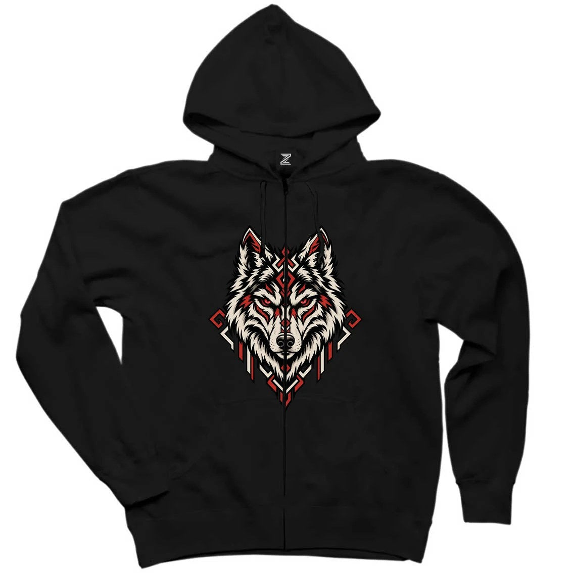 Geometrik Bozkurt Siyah Fermuarlı Kapşonlu Sweatshirt