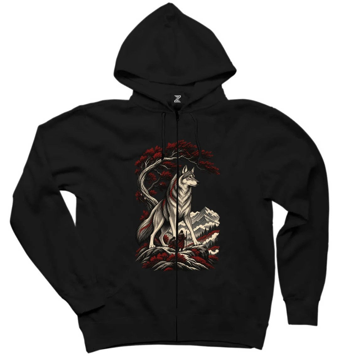 Koruyucu Bozkurt Siyah Fermuarlı Kapşonlu Sweatshirt