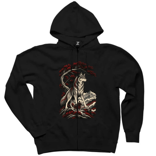 Koruyucu Bozkurt Siyah Fermuarlı Kapşonlu Sweatshirt