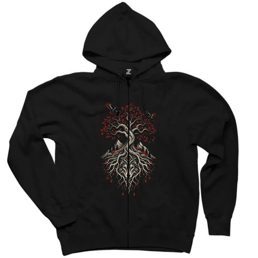 Hayat Ağacı Bozkurt Siyah Fermuarlı Kapşonlu Sweatshirt