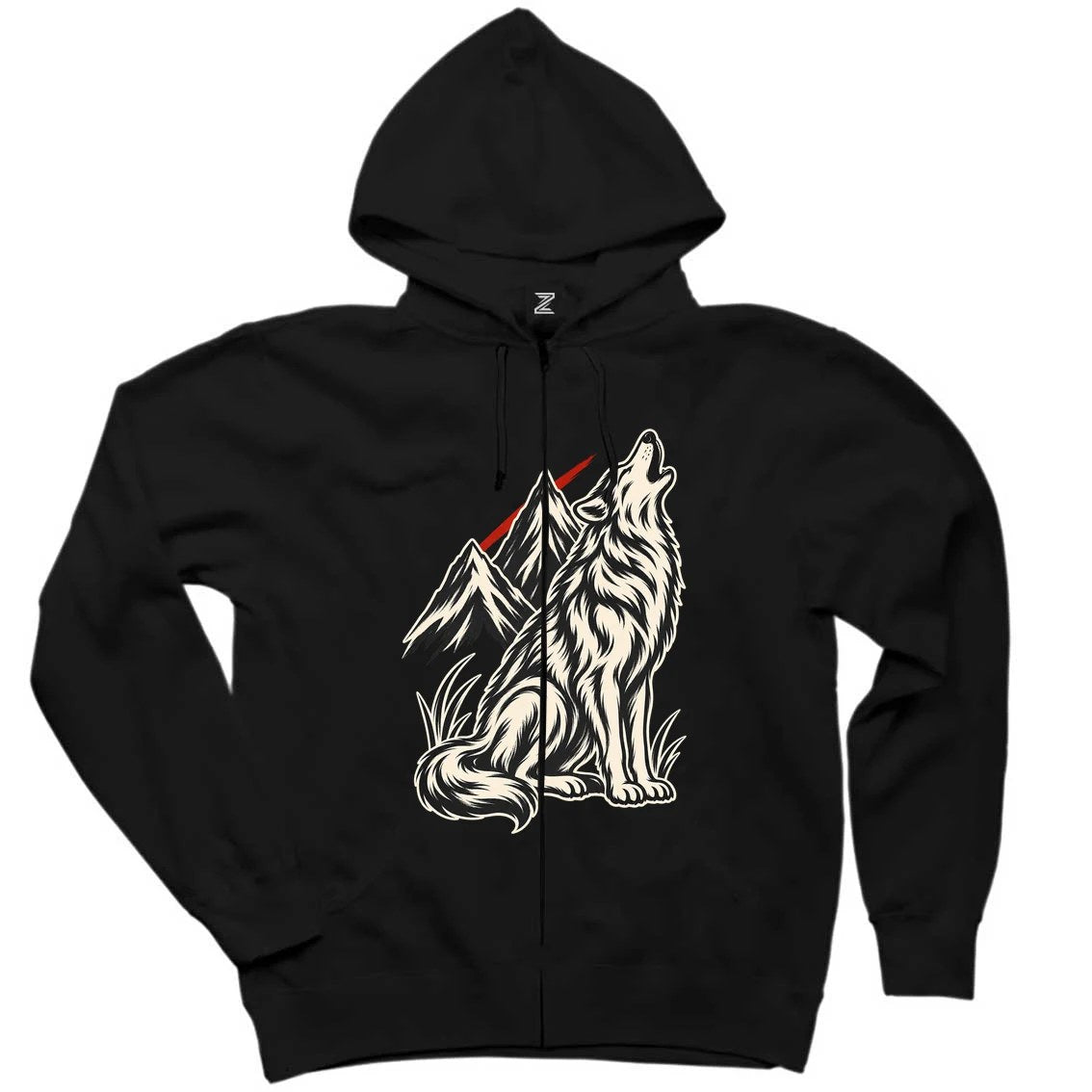 Zirveye Uluyan Bozkurt Siyah Fermuarlı Kapşonlu Sweatshirt