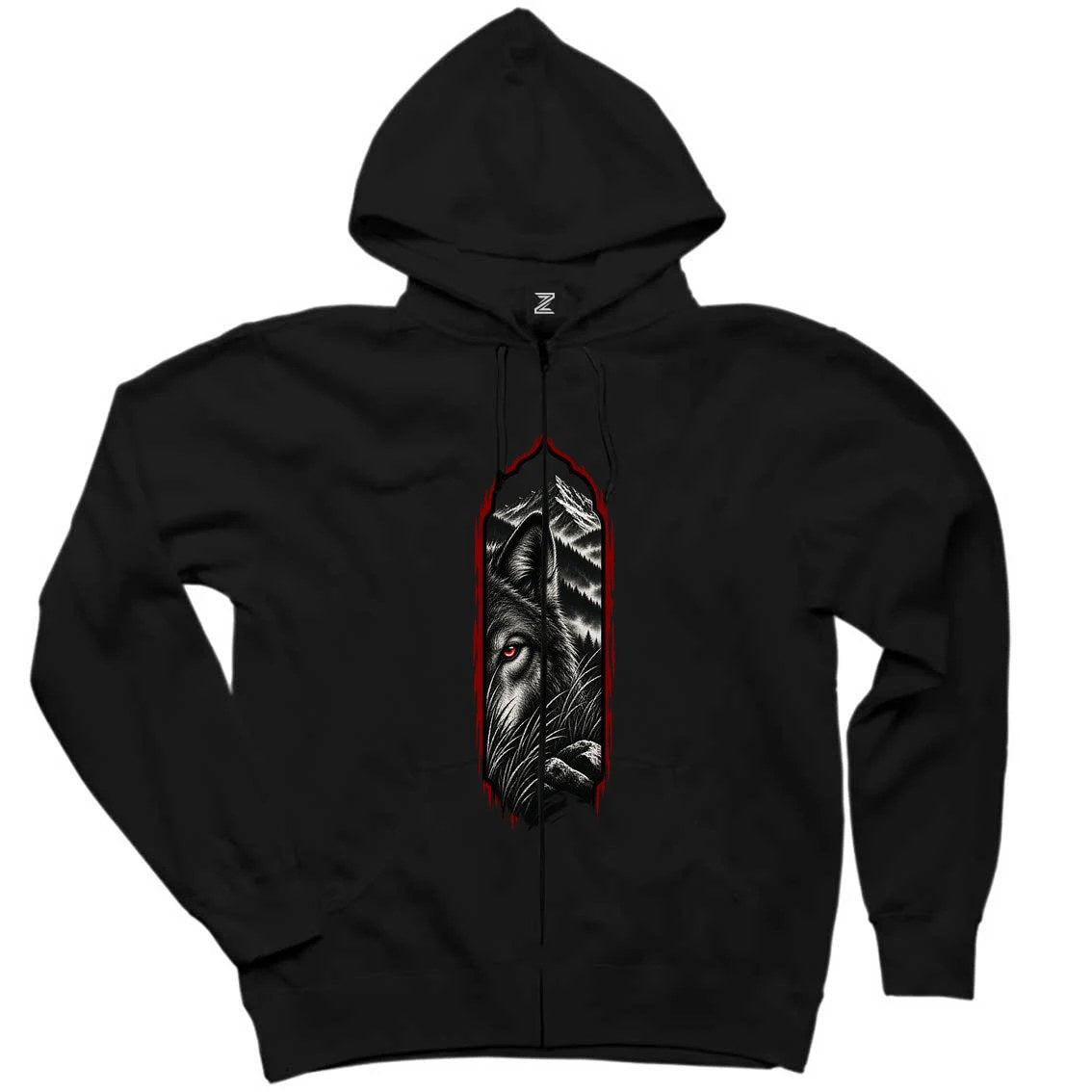 Bozkurt Gizemli Bakış Siyah Fermuarlı Kapşonlu Sweatshirt