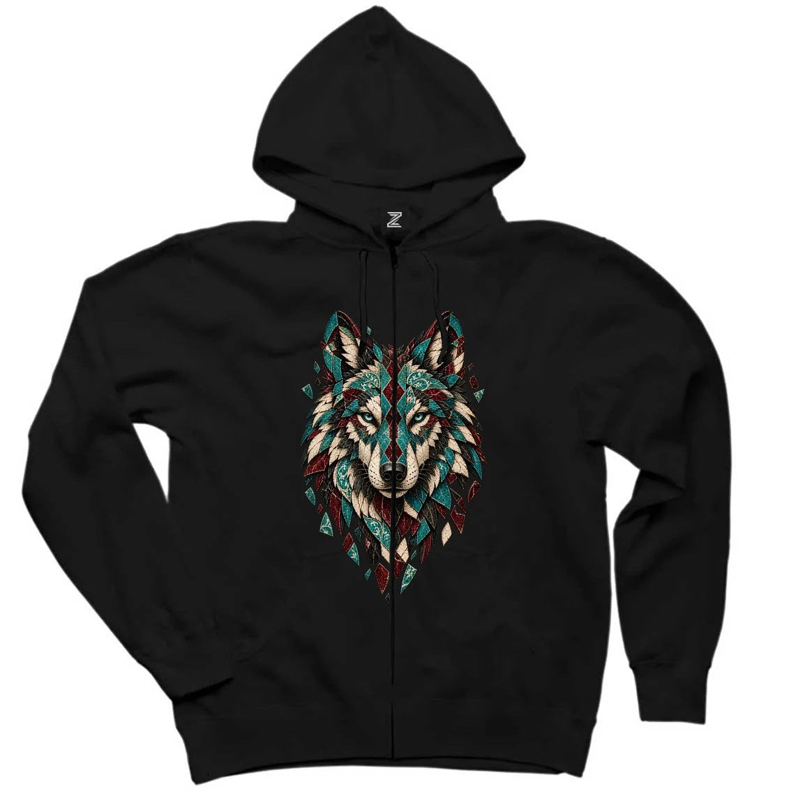 Turkuaz Mozaik Bozkurt Siyah Fermuarlı Kapşonlu Sweatshirt