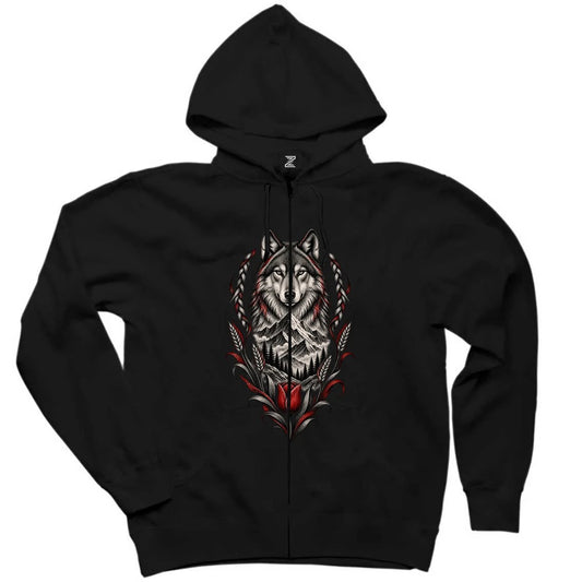 Bozkurt Lale ve Zirve Siyah Fermuarlı Kapşonlu Sweatshirt