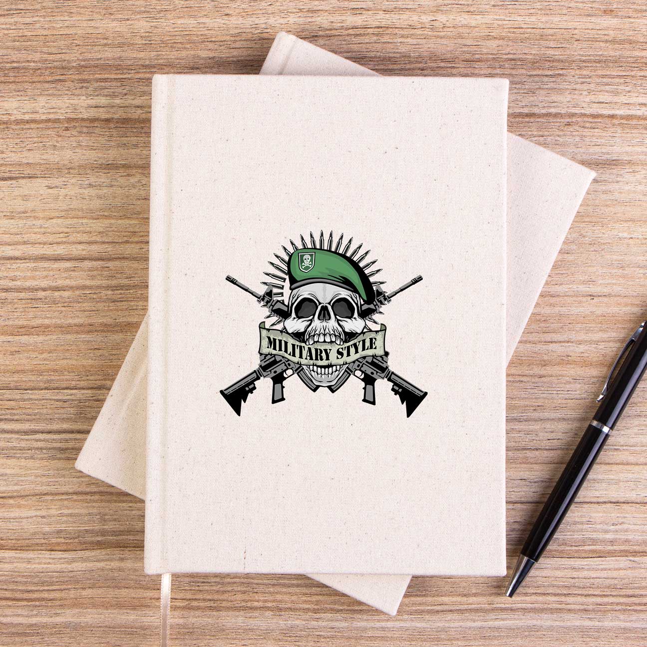 Military Style Skull Logo Çizgisiz Kanvas Defter