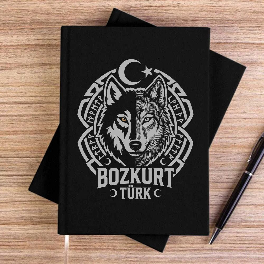 Bozkurt Türk Ay Yıldız Motifli Kurt Başı Baskılı Siyah Çizgisiz Kanvas Defter