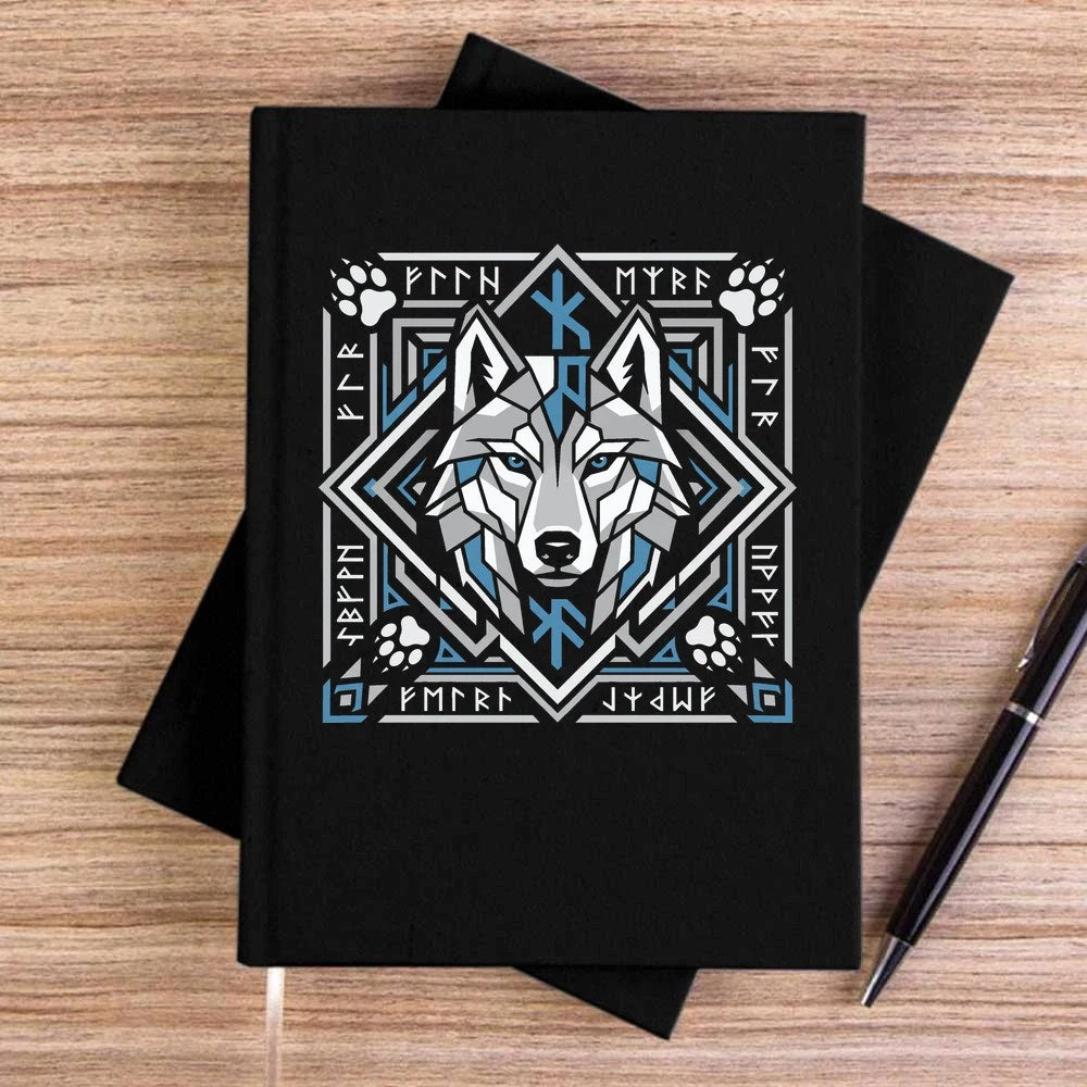 Geometrik Çerçeveli Kurt Başı Baskılı Siyah Çizgisiz Kanvas Defter