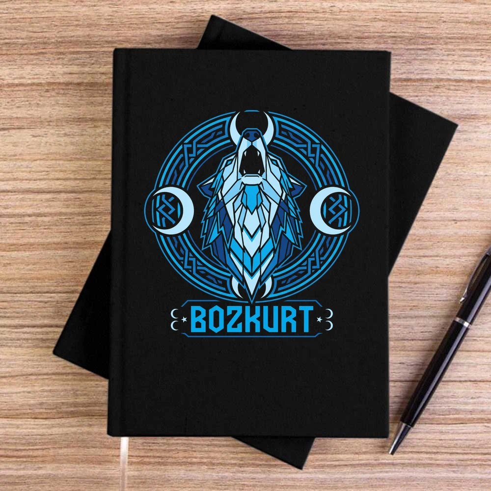 Neon Mavi Hilal Detaylı Bozkurt Baskılı Siyah Çizgisiz Kanvas Defter